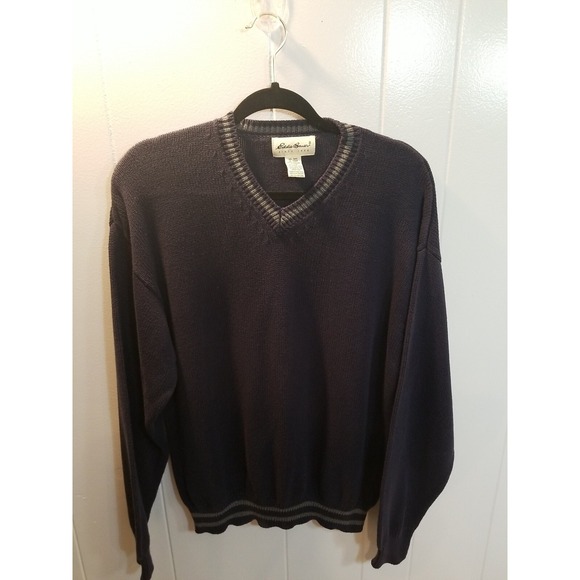 Eddie Bauer Mens  L Blue  VNeck 100%‎ Cotton Pullover Sweater Academia Preppy - Picture 1 of 7